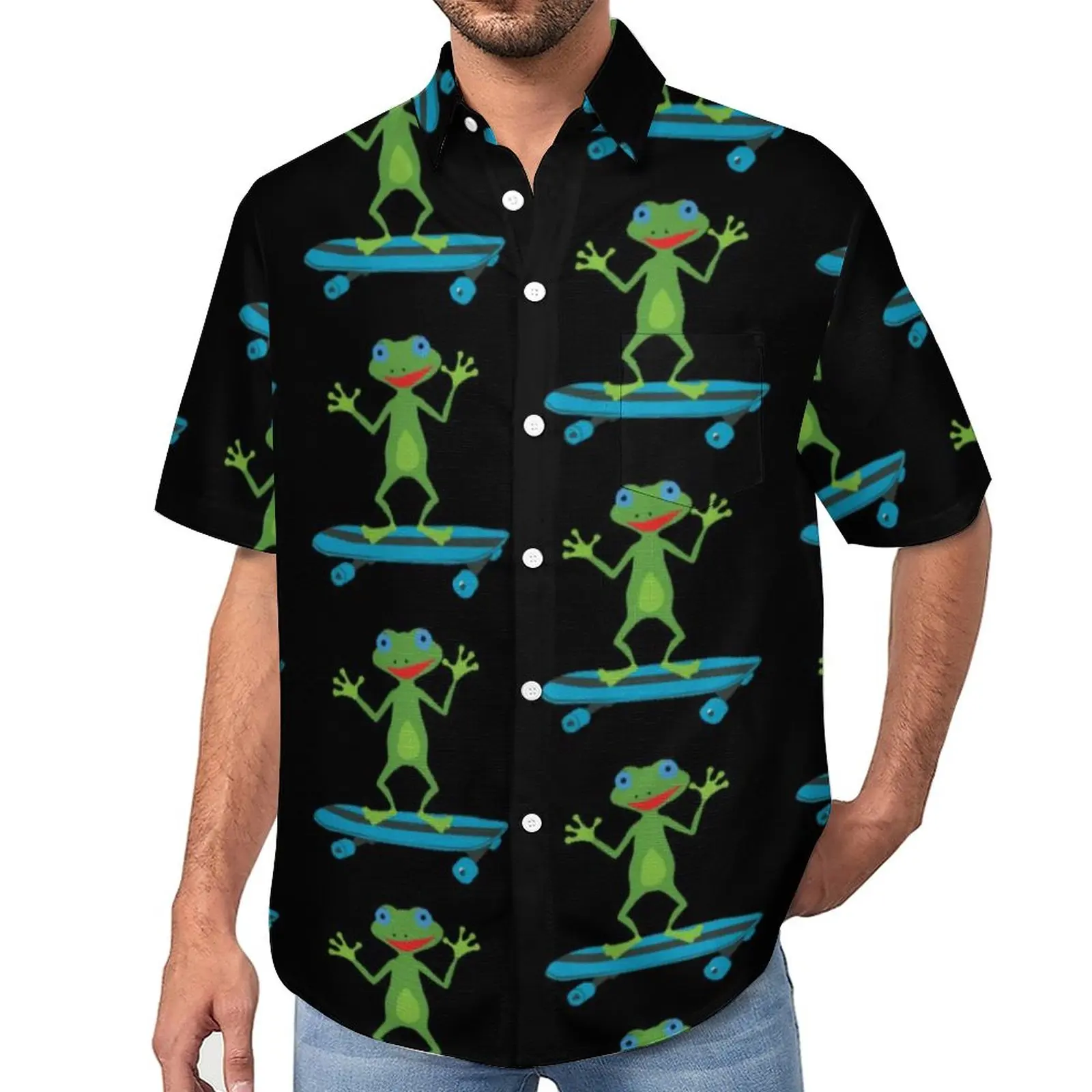 

Skateboarding Frog Casual Shirt Funny Animal Print Beach Loose Shirt Hawaii Trending Blouses Short Sleeves Design Oversized Top