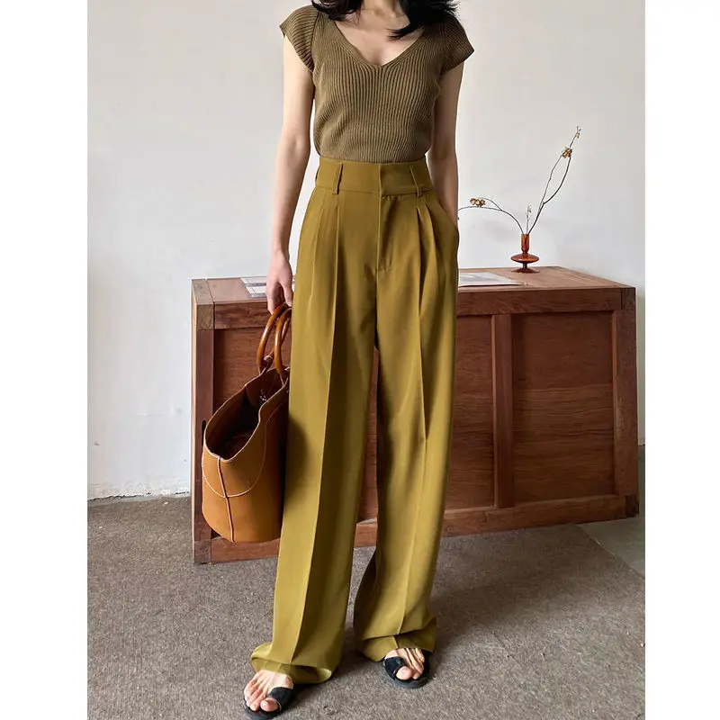 

Брюки для женщин с высокой талией Свободные повседневные Костюмные брюки однотонные весна/осень 2022 Новая Винтажная Мода Элегантные женски...