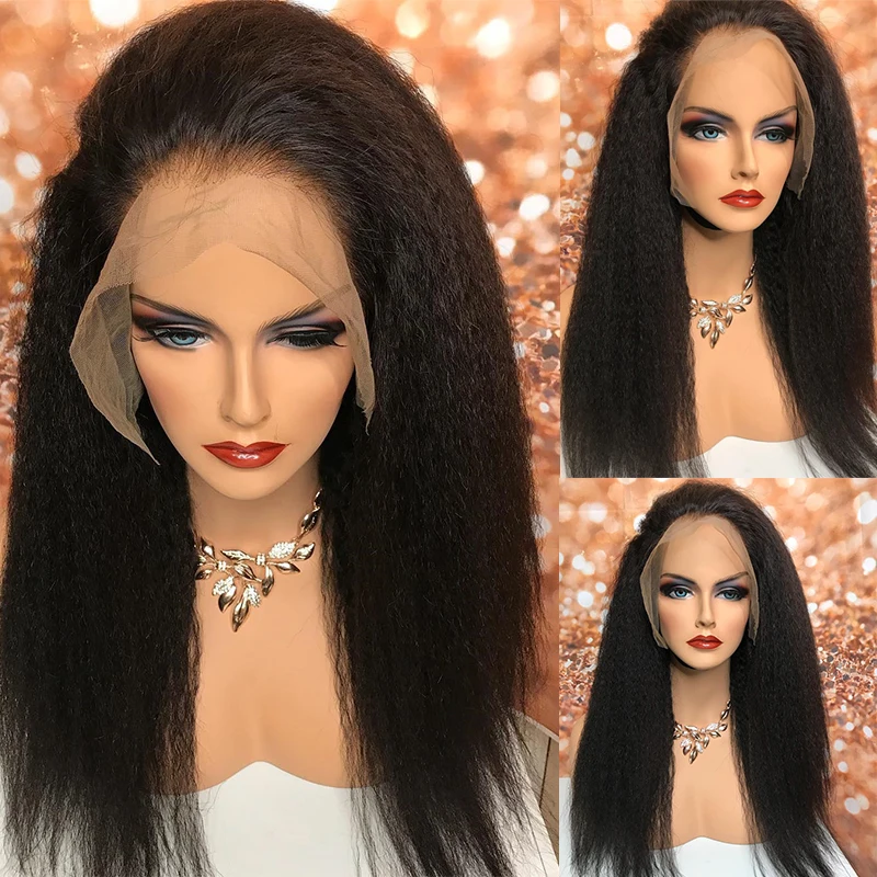 

Yaki Soft 26inch Long Middle Part 180% Density Kinky Straight Glueless Lace Front Wig For Black Women Babyhair Pre Plucked Daily