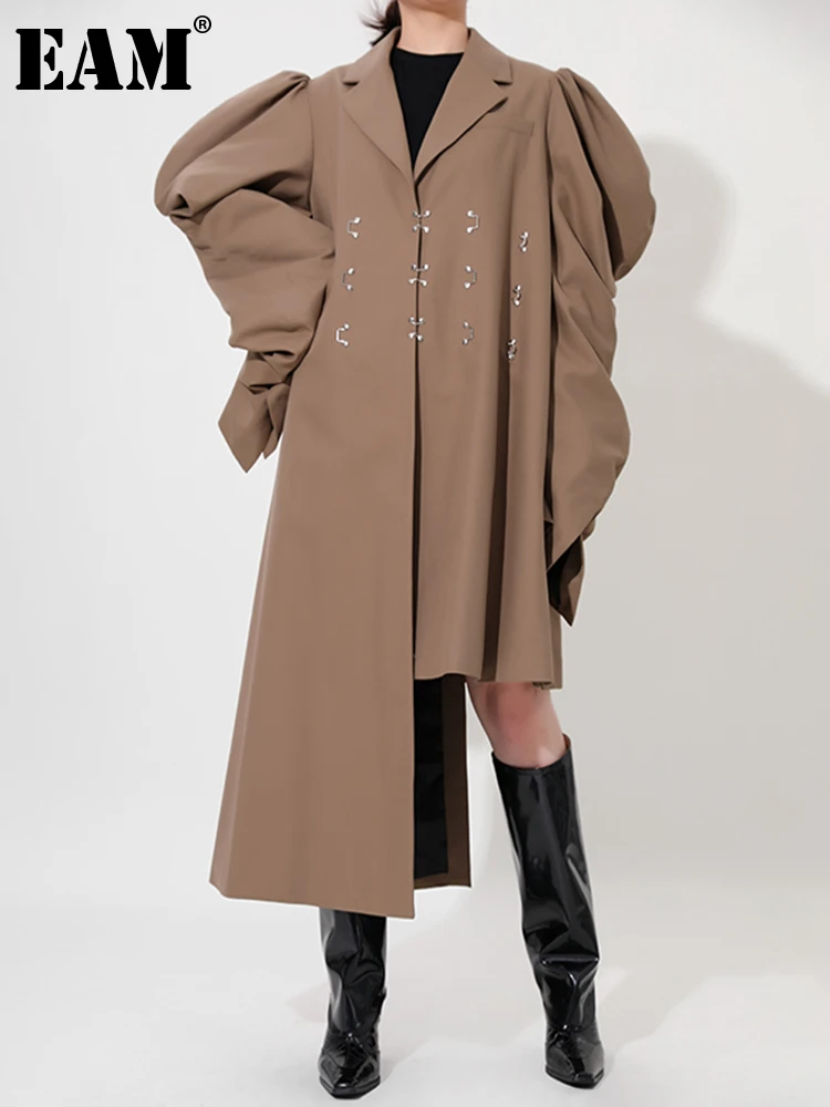 

[EAM] Loose Fit Irregular Slit Camel Big Size Long Jacket New Lapel Long Sleeve Women Coat Fashion Spring Autumn 2023 1DE296904