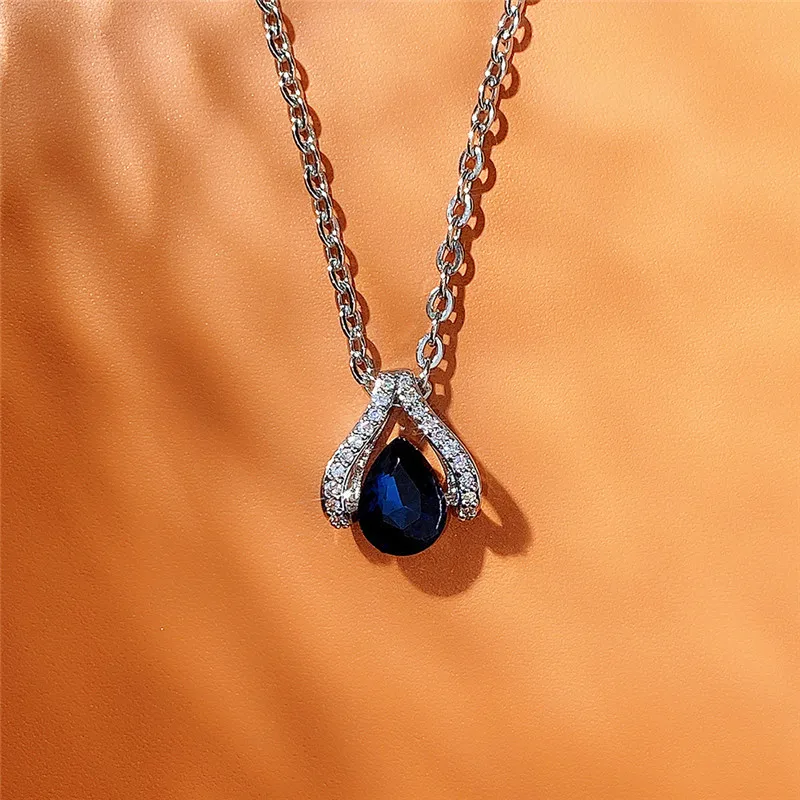 

New Hot Necklace Women Blue Cubic Zirconia Newly-designed Modern Neck Necklaces Silver Plated Elegant Lady's Wedding Jewelry