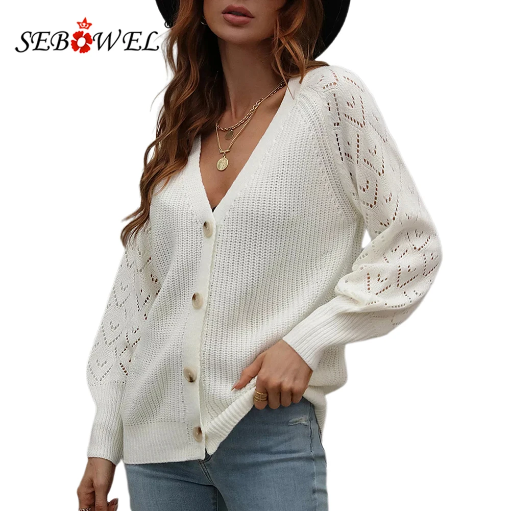 

SEBOWEL 2022 European and American Autumn and Winter Solid Color Hollow Sleeves Button Knitted Cardigan Loose Sweater Coat S-XL