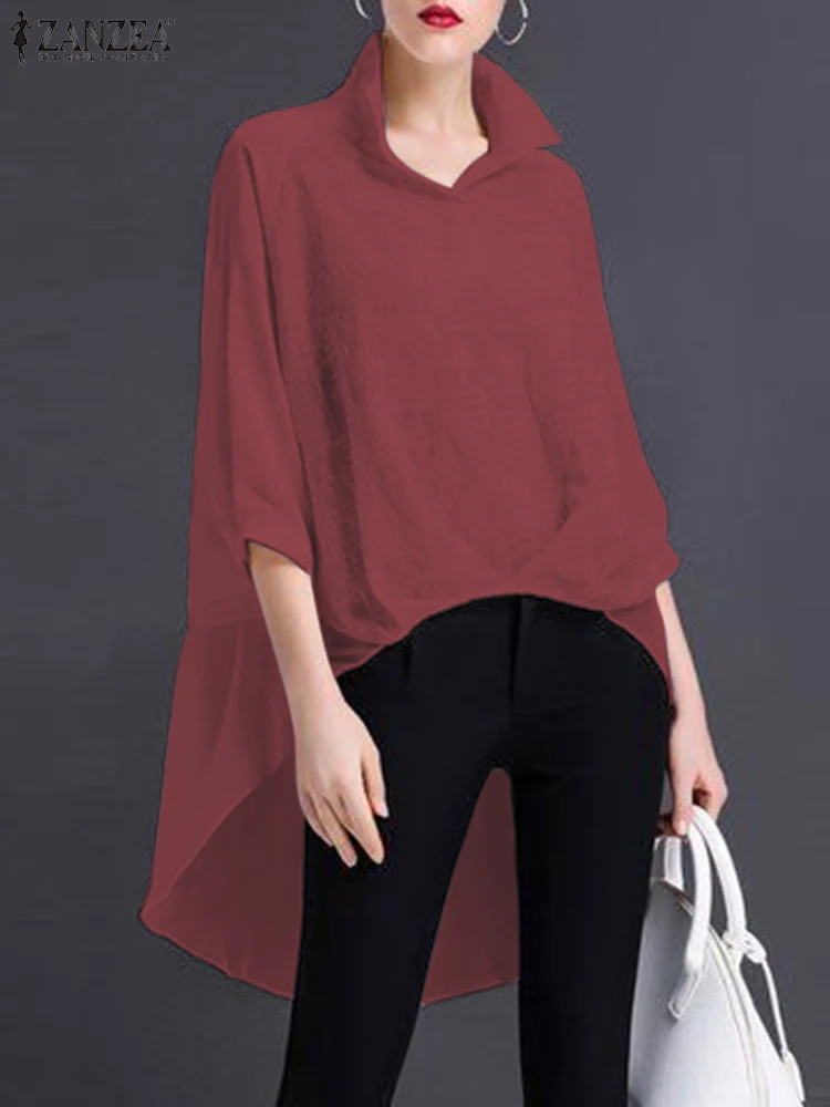 

Элегантная Женская Повседневная рубашка ZANZEA с отложным воротником и рукавом 3/4, модная однотонная офисная блузка, Женская туника, топы, блузка с асимметричным подолом