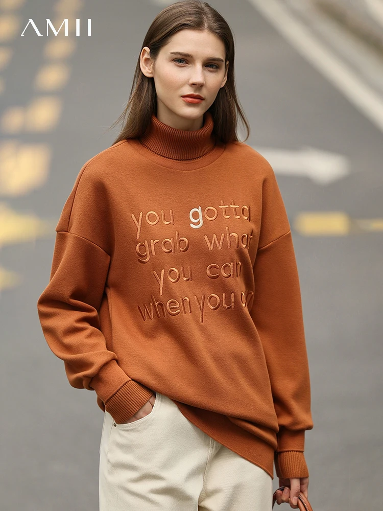 AMII Minimalism Sweatshirt for Women 2022 Winter Embroidery Turtleneck Loose Commuter Solid Slight Strech Pullover Tops 12130559