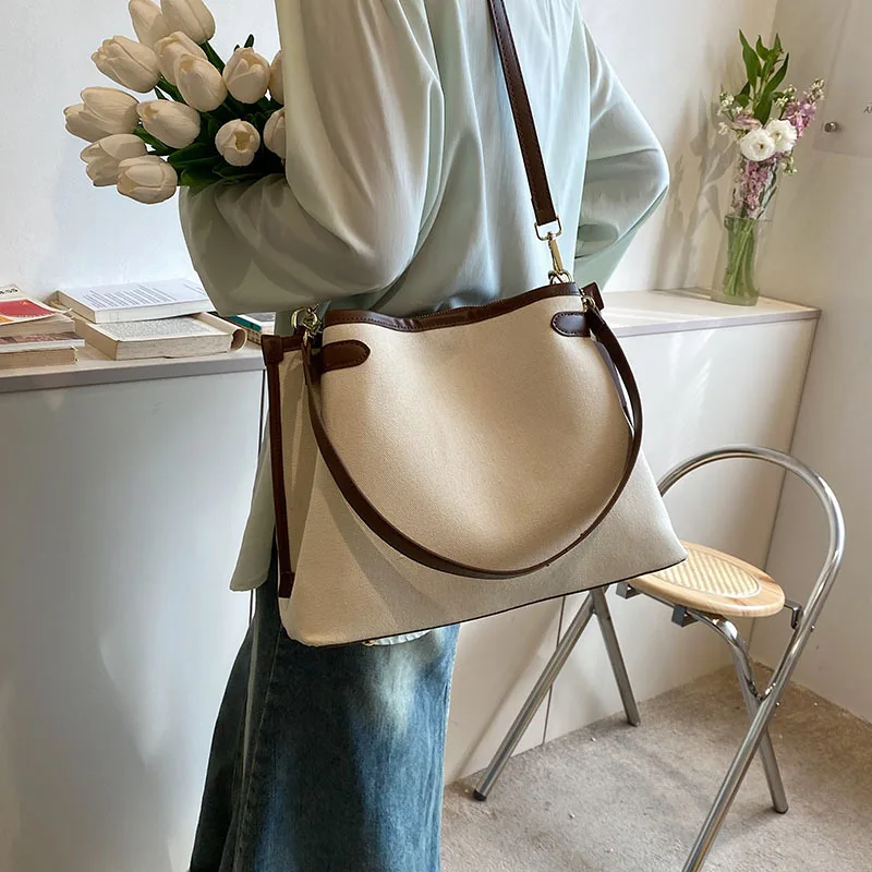 Women's Fashion Contrast Color Single -shoulder Messenger Bags Large Capacity Canvas Commuter Tote Handbag Casual Crossbody Bag