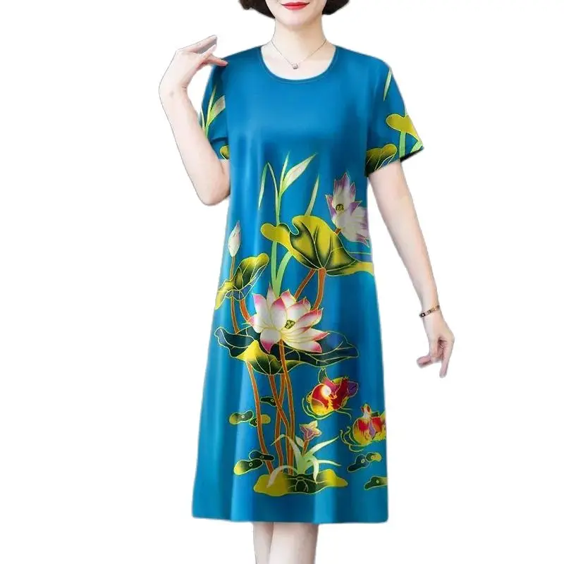 

Middle-aged And Elderly Fashion Round Neck Dress Printed Loose Over The Knee Long Noble Leisure Elegant Temperament Long Skirt