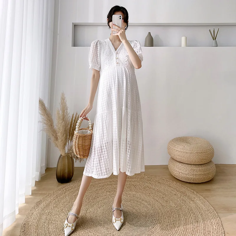

Maternity Dress Casual Women's Long Dress Summer Short-sleeved V Neck Lace Pregnancy Dress Photography Props Plus Size Clothing