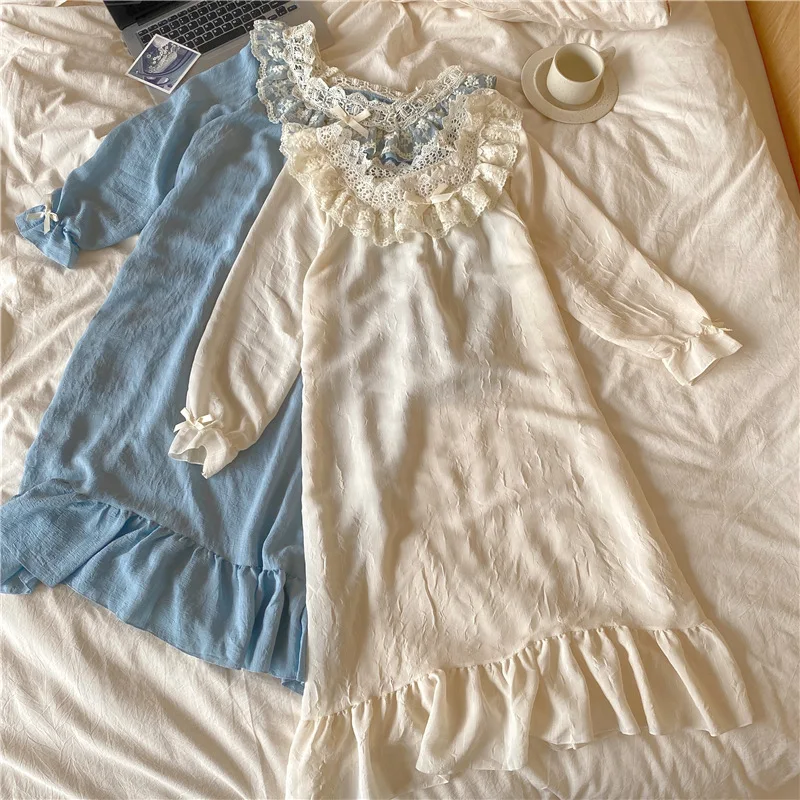 Qweek Women's Sleepwear Cotton Spring Nightgown Cute Bow Ruffles Princess Style Nighty for Ladies Sleepshirts Summer Mid Calf