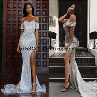 new arabic style silver mermaid prom evening dresses sexy split off shoulder elegant long prom gowns lace sequined pageant wear