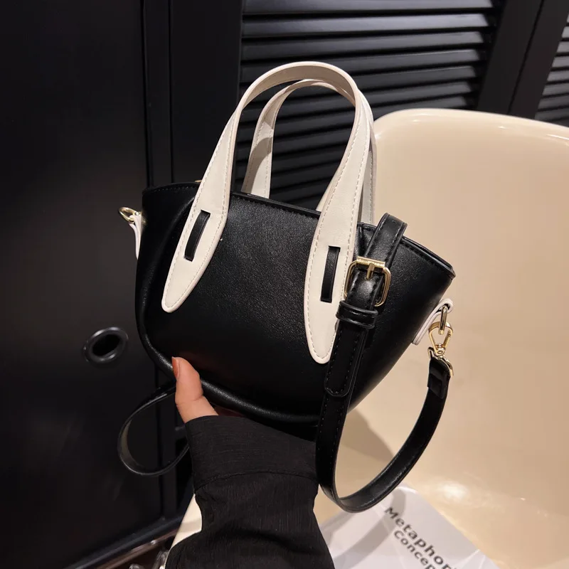 New Fashion Contrast Handbags PU Textured Single Shoulder Crossbody Bag Women's Casual Simple Bucket Satchel Commuting Versatile
