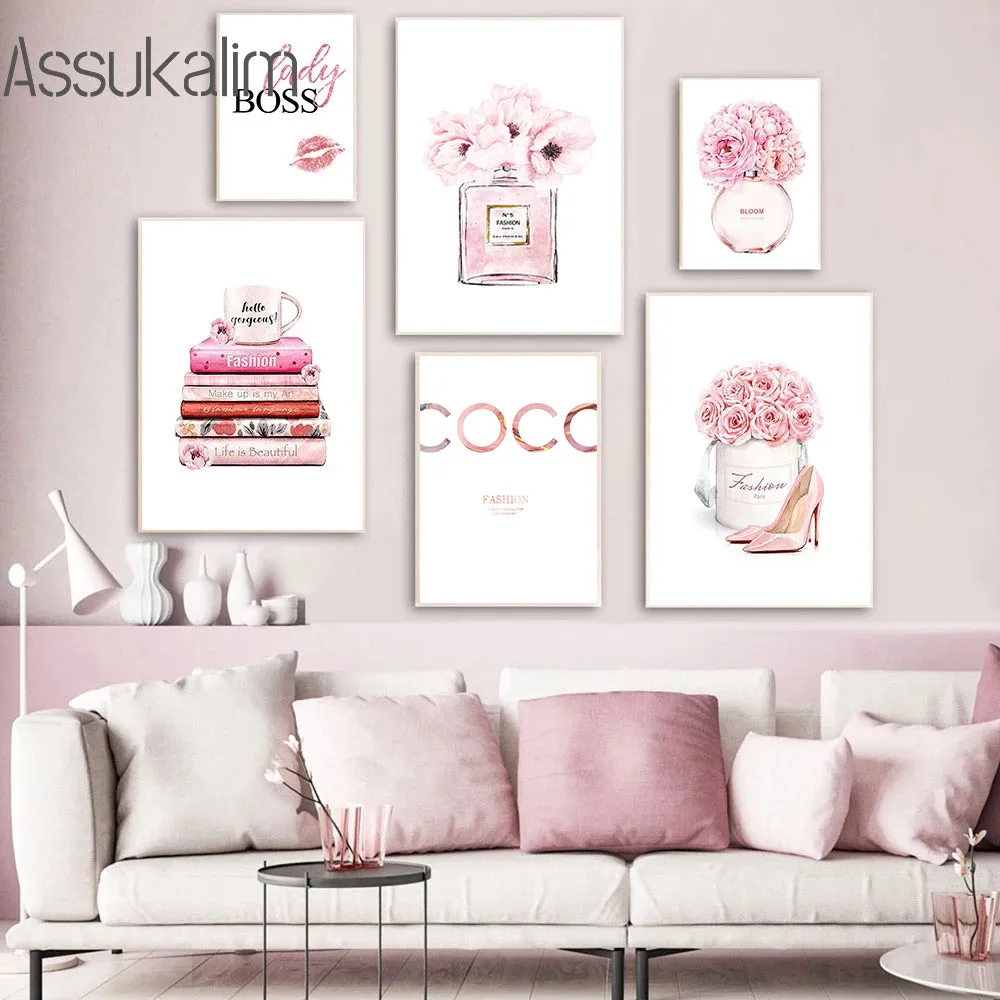 Fashion Wall Art Canvas Painting Perfume Bottle Poster Pink Flower Art Prints Nordic Posters Book Wall Pictures Girl Room Decor