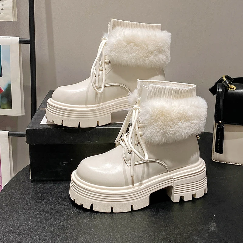 

2022 Winter Plus Thick Soled Snow Boots Women Fashion Cotton Shoes Warm Lace Up Round Head Short Boots Women Zapatos Mujer