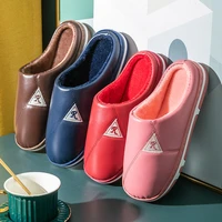 women waterproof pu slippers furry home winter indoor warm shoes thick plush house man cotton platform fluffy footwear bedroom