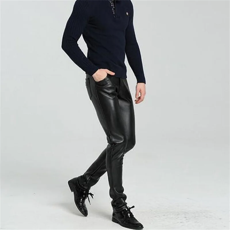 High waist slim motorcycle faux leather pants men velvet trousers pu feet  pants for men warm pantalon homme black Korean