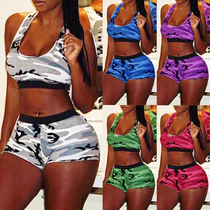 

2022 Sexy Sport Fitness Active Sets Women's Fashion Casual Print Dyed Sleeveless Vest Sports Shorts Suit