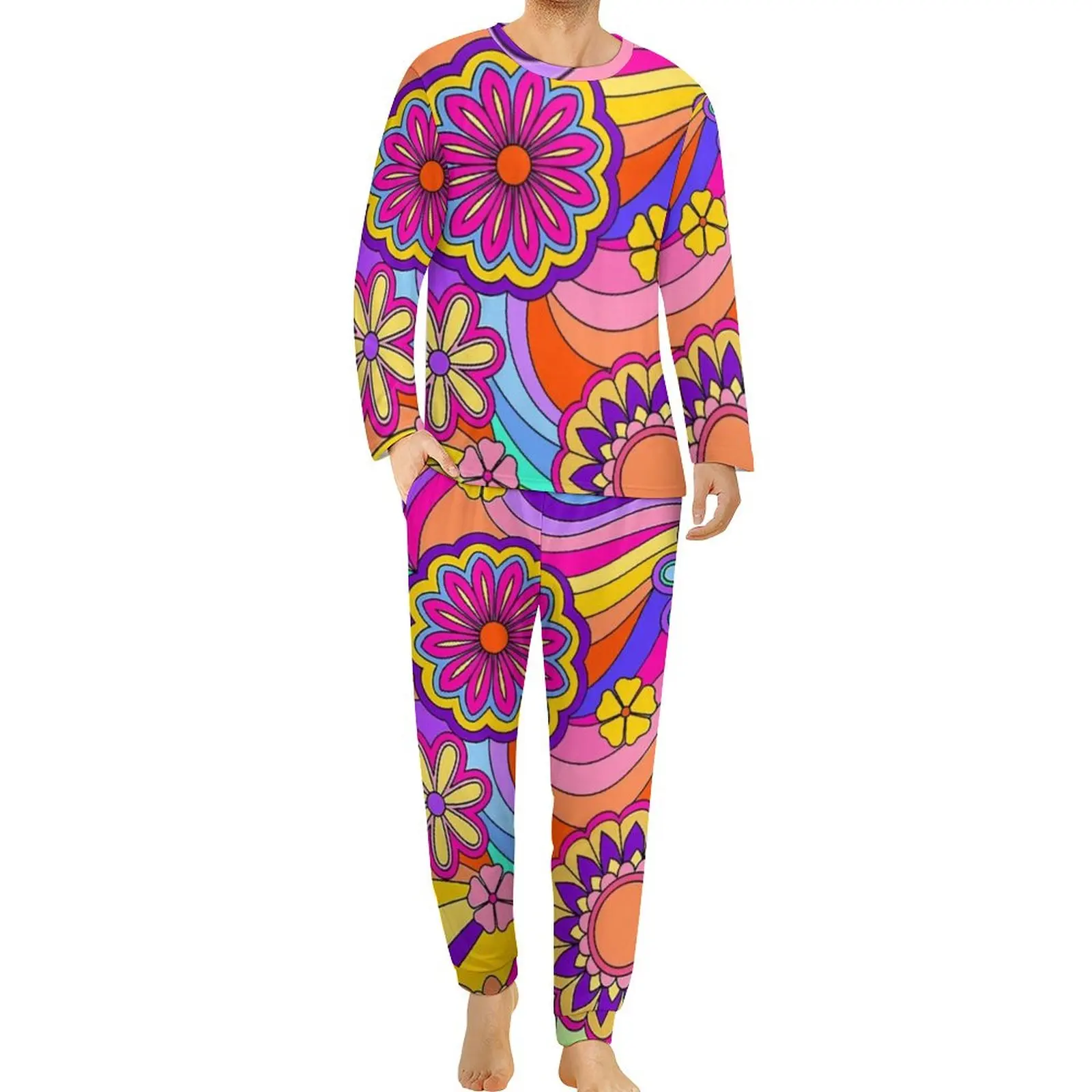 

Flower Power Inspired Pajamas Daily Groovy Hippy Retro Casual Sleepwear 2 Piece Graphic Long-Sleeve Fashion Oversize Pajama Sets