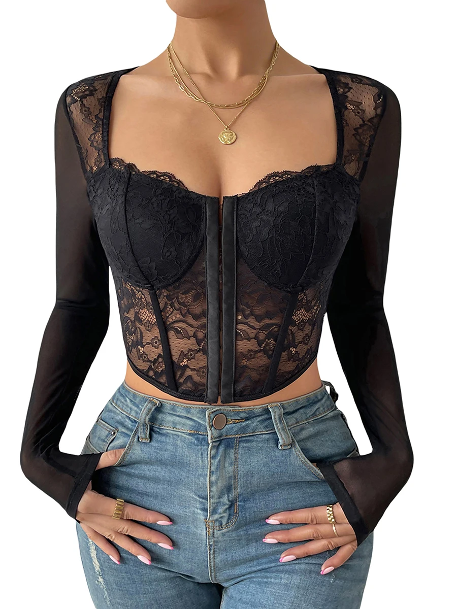 

Women Crop Top Long Sleeve Square Neck See-through Lace Patchwork Ladies Fashion Tops for Club Party
