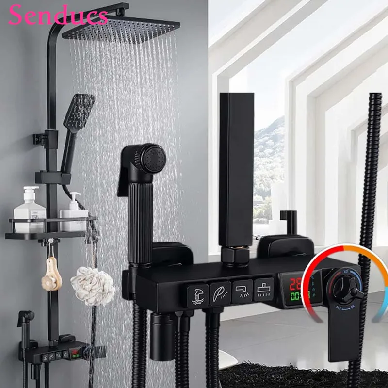 

Набор для душа для дома и гостиницы, матовая черная дождевая Душевая система, Цифровой температурный экран, не требует электрических наборов