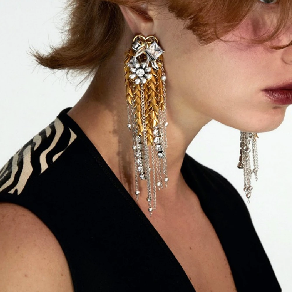 

Vintage Gold Color Fireworks Wheat Pearl Flower Zircon Tassel Earrings for Women Wedding Brides Jewelry Daily Pendant Gifts