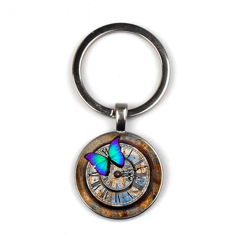 

LE TOPKEEPING Glass Photo Cabochon Keychain Steampunk Clock Glass Dome Handcrafted Butterfly Pattern Key Chain