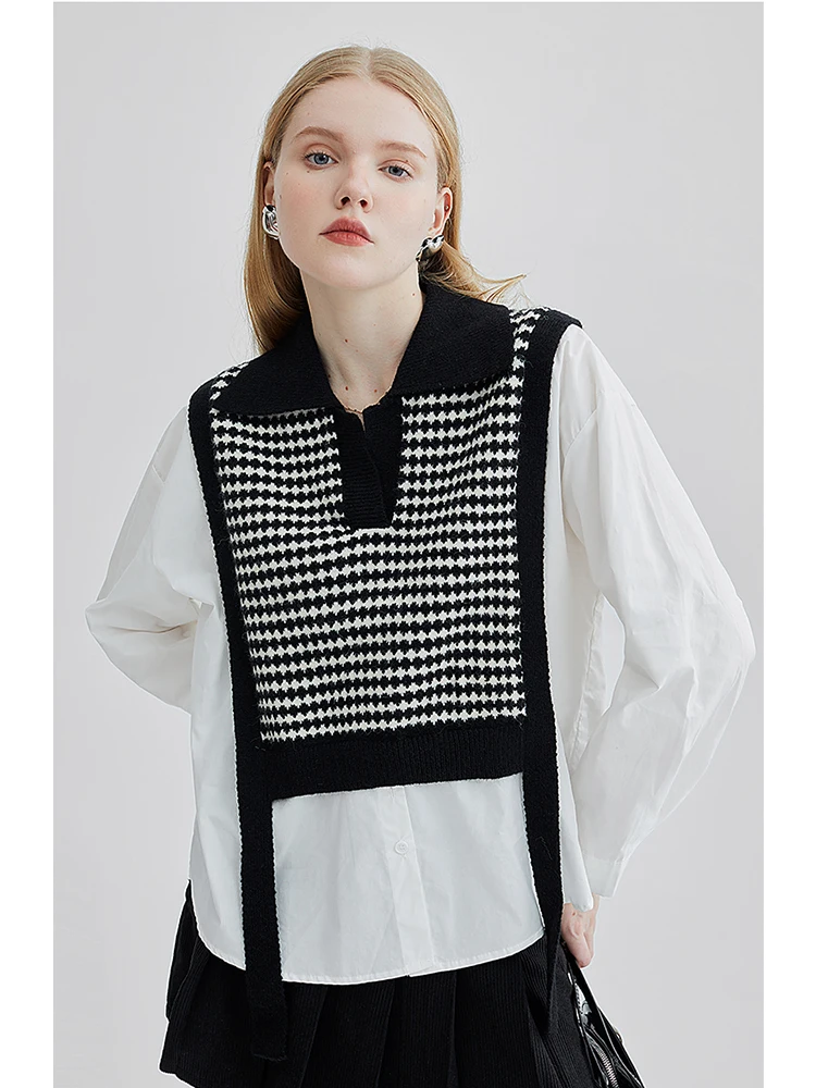 

French Vintage Preppy Style Loose Chic Blouses Women Spring Autumn New Fake 2 Piece Knit Patchwork Shirts Casual Long Sleeve Top