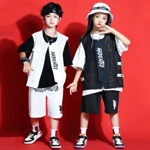 Summer Hiphop White Black Vest Shorts Street Dancewear Boys Girls Jazz Dance Costumes Clothes Kids Modern Dance Outfit SL7012