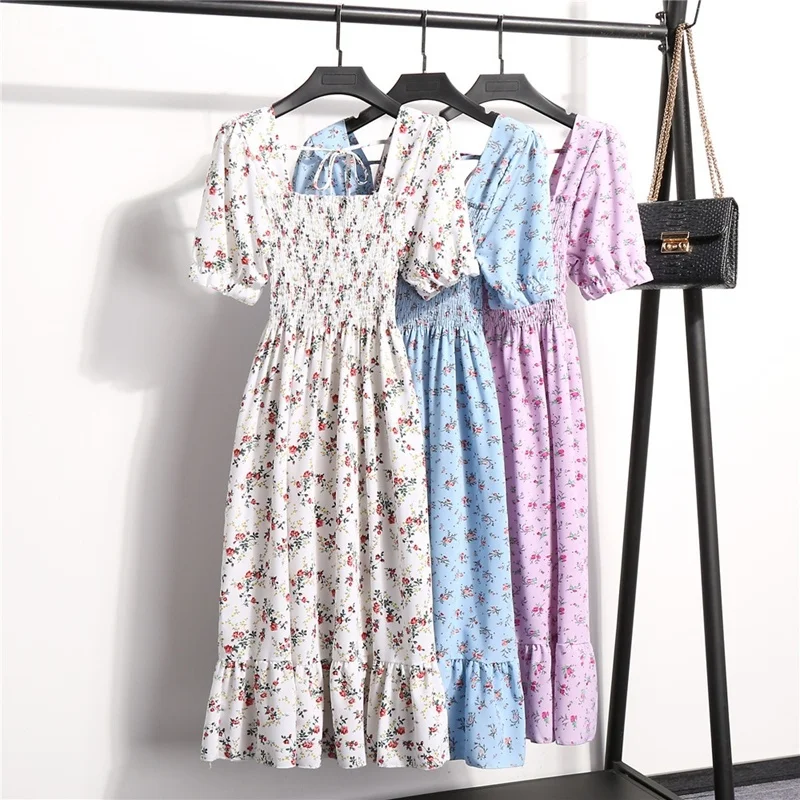 

Women's dress with a high waist with a square collar, pleated, 2021, new dress printed for women, spring, summer