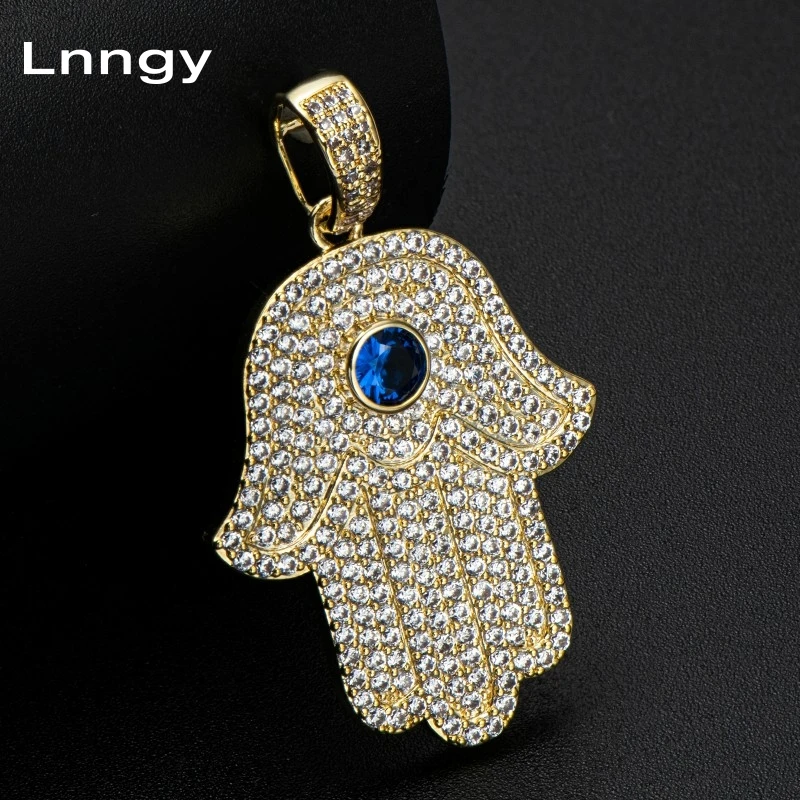 

Lnngy 14K Solid Yellow Gold Evil Eye Hamsa Hand of Fatima Pendant for Men Women AU585 Pure Gold DIY Charms Jewelry Accessories