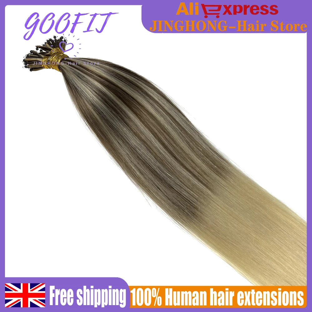 GOOFIT 100% Human Hair Extensions Tip Nano Ring Micro Beads Double Drawn Remy Hair Extensions 14