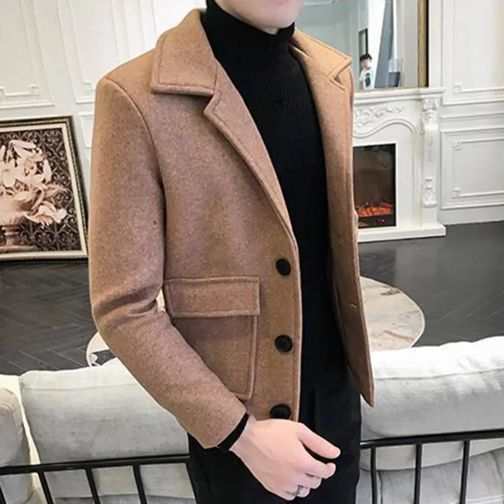 

Men Woolen Coat Long Sleeves Thicken Keep Warm Turndown Collar Buttons Woolen Coat Winter Overcoat for Outdoor