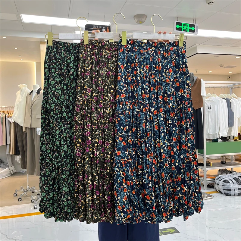 

Женская юбка с высокой талией, Повседневная трапециевидная плиссированная юбка средней длины с цветочным принтом и эластичным поясом, модель 2023 в корейском ретро-стиле