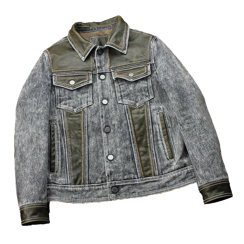 

Vintage Grey Spring Men's Jacket England Style Plus Size 5XL Natural Cowhide Autumn Slim Fit Spliced Genuine Leather Coats