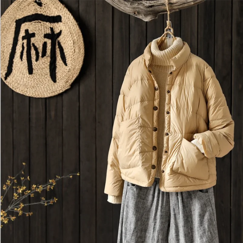 Autumn and Winter Retro Literary Light Short Collar Down Jacket Women Loose Bread Down Jacket for Women