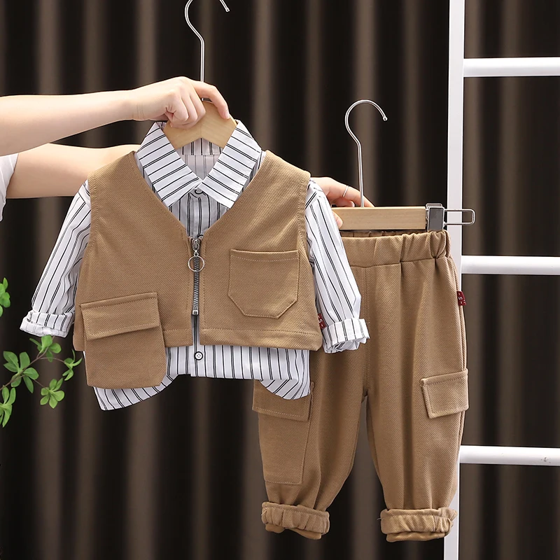 

New Children Spring Autumn Casual Clothes Baby Boys Fashion Vest Strips Shirt Pants 3Pcs/sets Kids Infant Tracksuit 0-5 Years