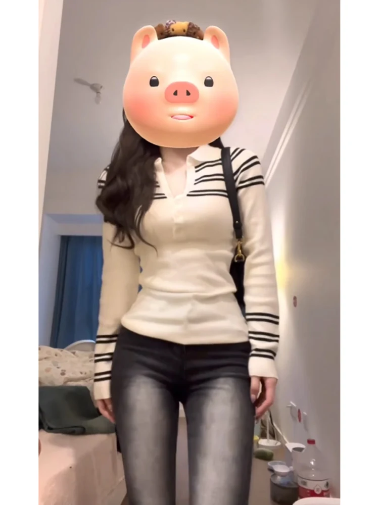 Женский бежевый полосатый пуловер свитер в стиле Харадзюку корейский Y2k с