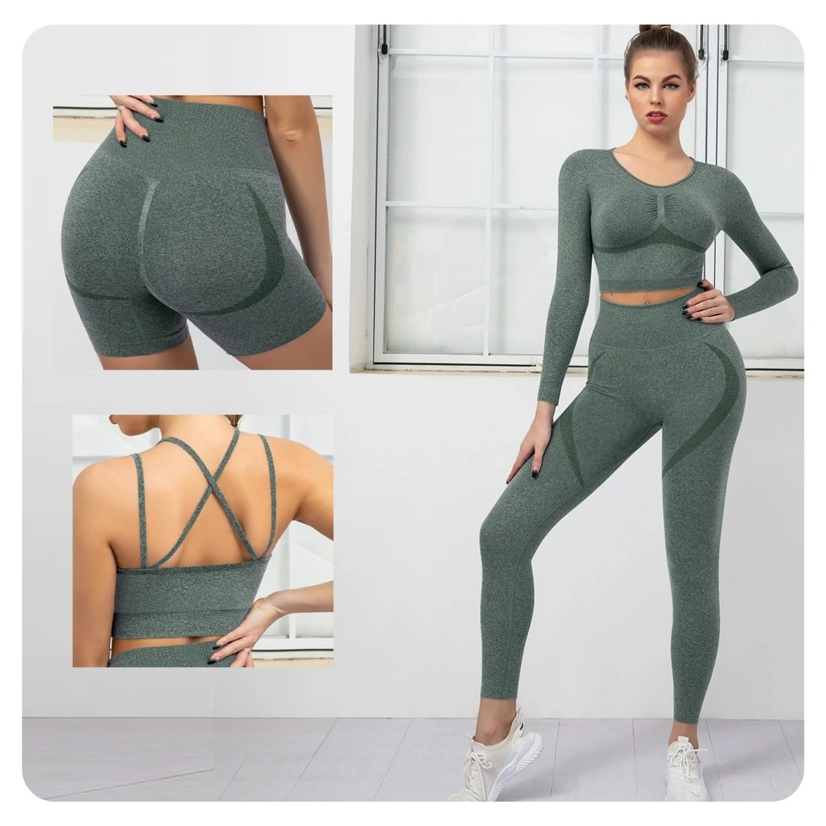 

2PCS Sling Bra+Hip Lift Shorts, tight long sleeves+High Waist Hip Lifting Trousers Gym Sets Womens Outfits Seamless Yoga Set