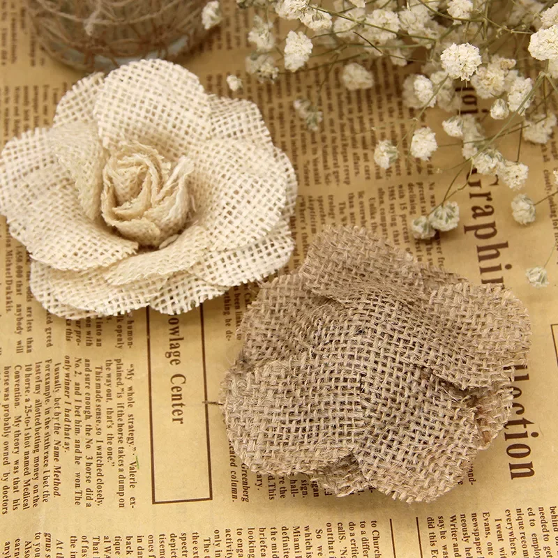 

9cm Handmade Jute Hessian Burlap Rose Flowers Vintage Rustic Wedding Decoration Jute Christmas Decorations for home