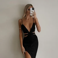 2022 summer sexy black party evening club dress with thin v neck straps bandage elegant maxi backless dresses for women clothes