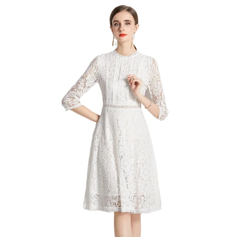 Simgent White Lace Dress Womans Fashion 2022 Autumn Three Quarter Sleeve A Line Elegant Slim Elegant Dresses Robe Femme SG28291