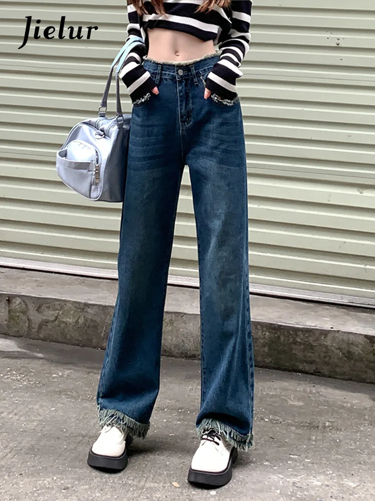 

Женские джинсы с бахромой, синие прямые широкие брюки с высокой талией, уличные модные джинсовые брюки, свободные удобные джинсы для женщин