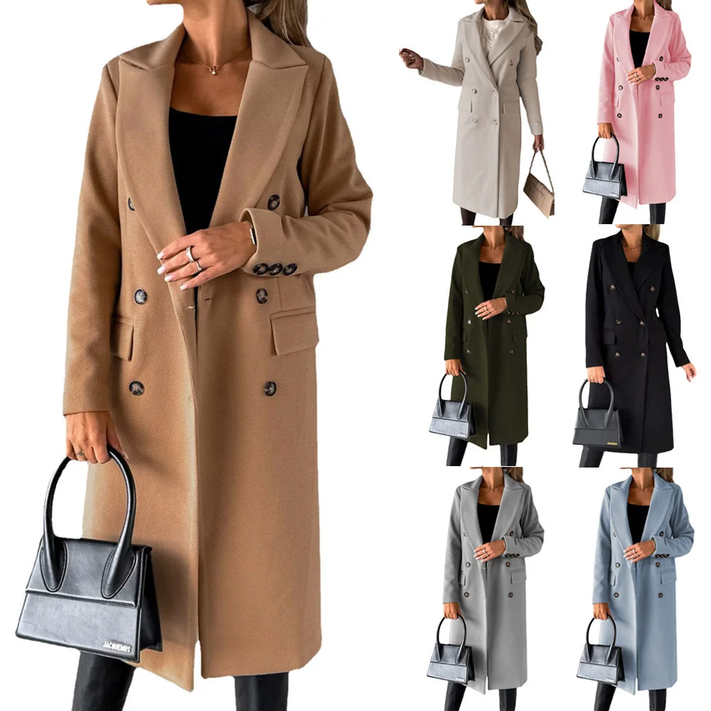 

New Women Long Woolen Overcoat Slim Fit Double Breasted Solid Color Woolen Coat Autumn Winter Turndown Collar Outerwear Overcoat