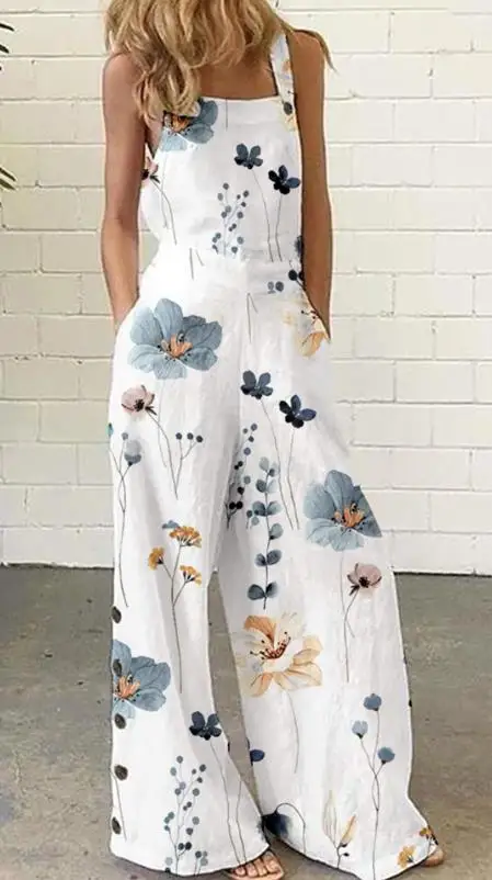 

2023 Fashion Summer Casual Woman Long Jumpsuits Elegant Square Neck Sleeveless Pocket Floral Print Wide Leg Suspender Jumpsuit