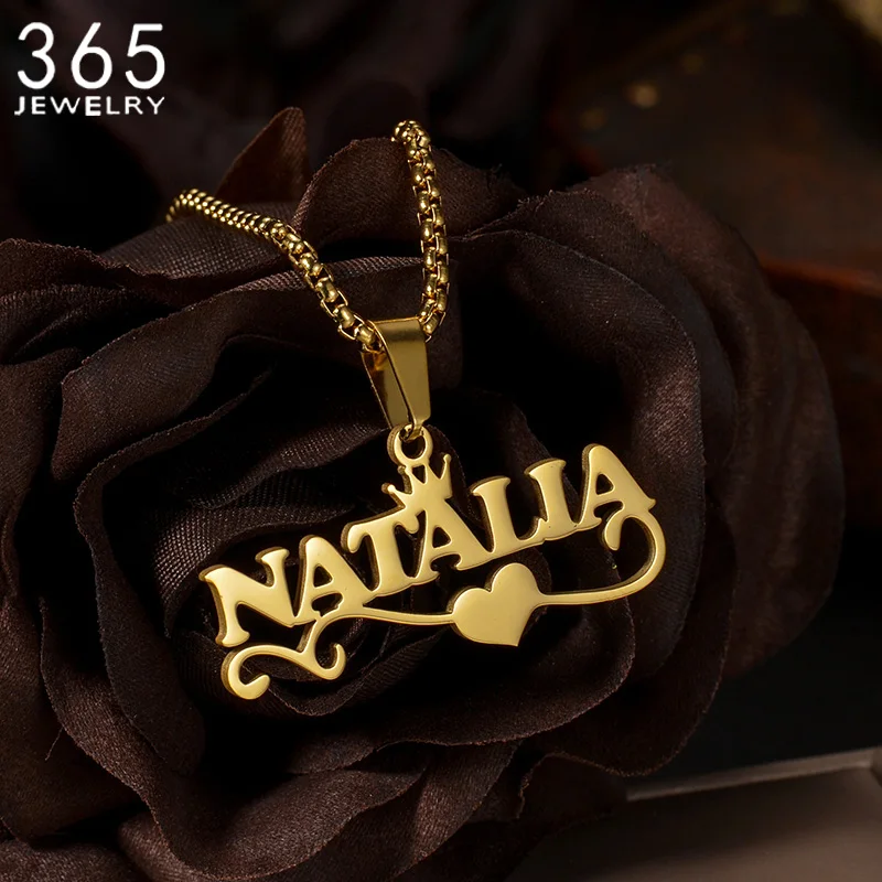 

Customized Name Pendant Necklace Stainless Steel Beads Chain Gold Color Vintage Style For Women Heart Crown Personalized Jewelry