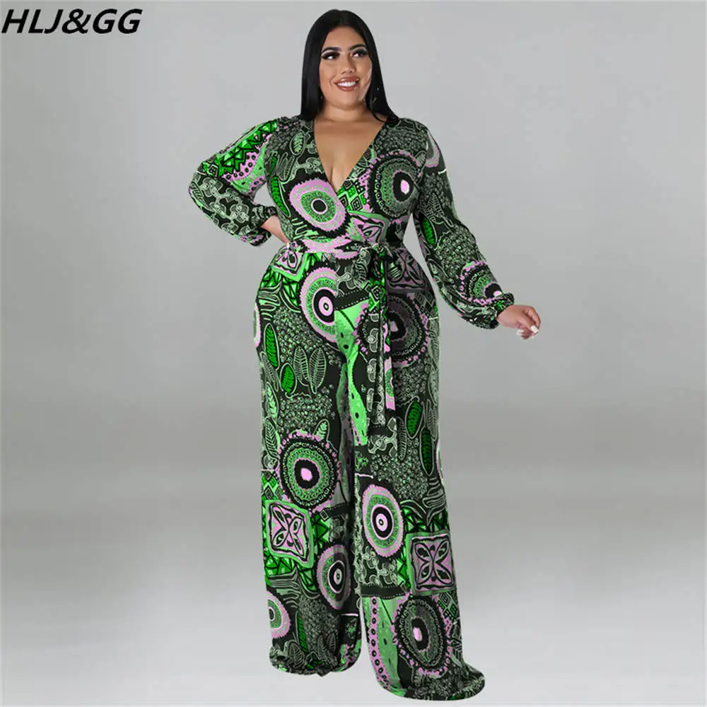 HLJ&GG Fall Winter African Retro Print Bandage Jumpsuits Women V Neck Long Sleeve Wide Leg Pants One Piece Rompers Female XL-5XL