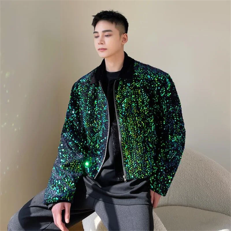Nightclub style sequined jacket mens male singer costume Korean short coats green clothing casacos masculinos camperas de hombre