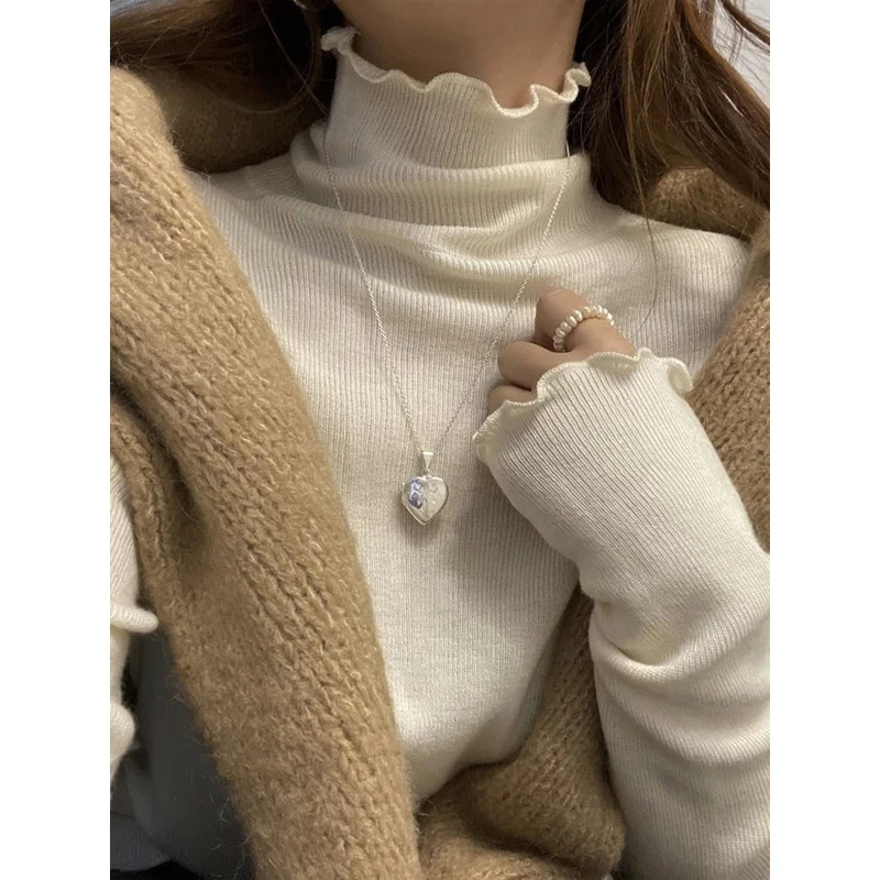

Y2K2022 Autumn And Winter New Korean Style High-necked Side Coat With Pile Collar White Knitted Bottoming Shirt Women