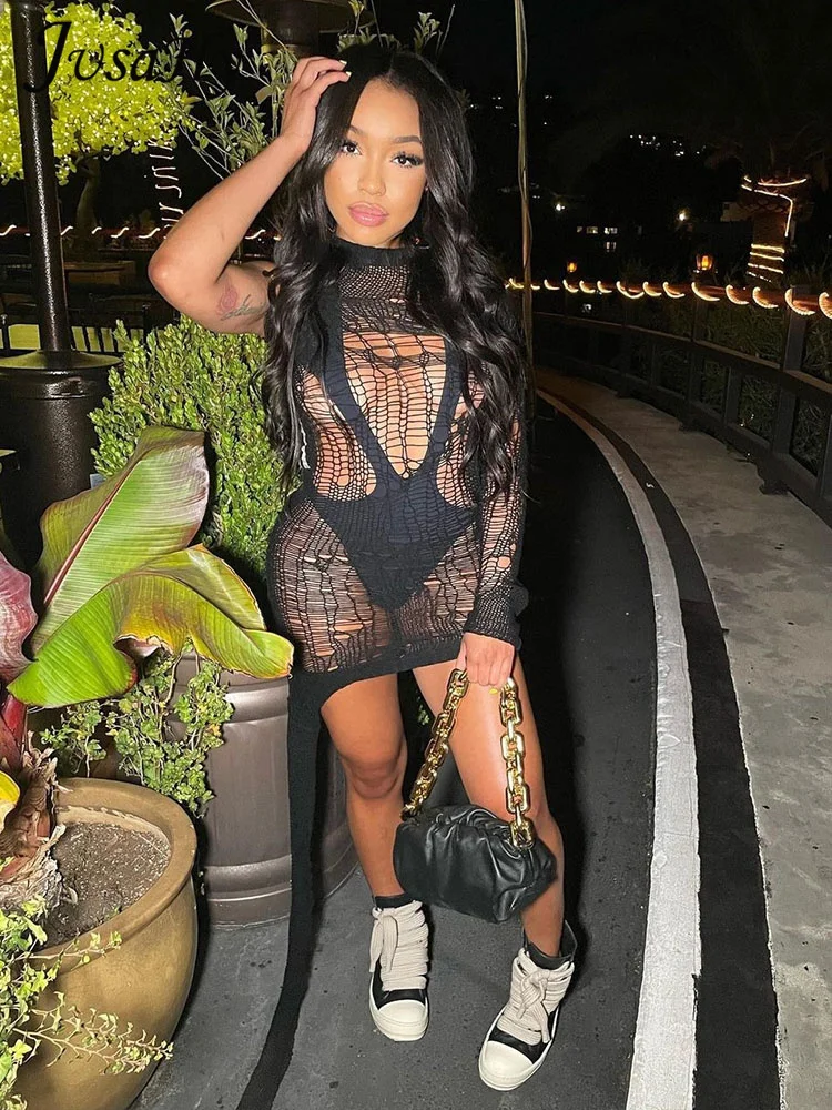 

JusaHy Women New Y2K Single Long Sleeve Knitted Patchwork High Streetwear Halter O-neck Dresses Chic Hot Party Mini Dress 2023