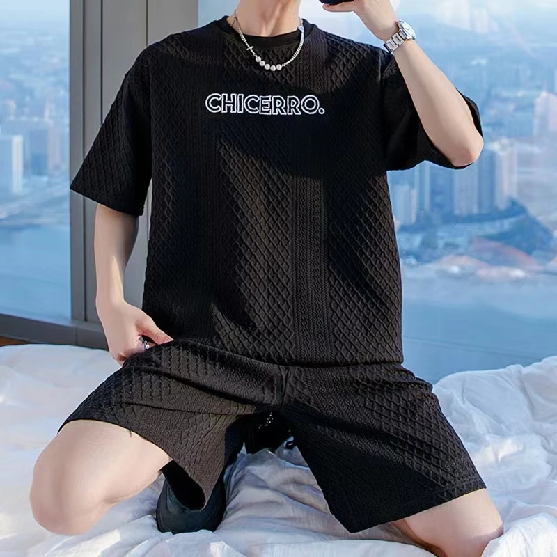 

Men's Sets Short Sleeve T-shirt+Shorts 2Pcs Suit Summer Letter Print Tracksuit Casual Sport Outfits Male Fashion Streetwear