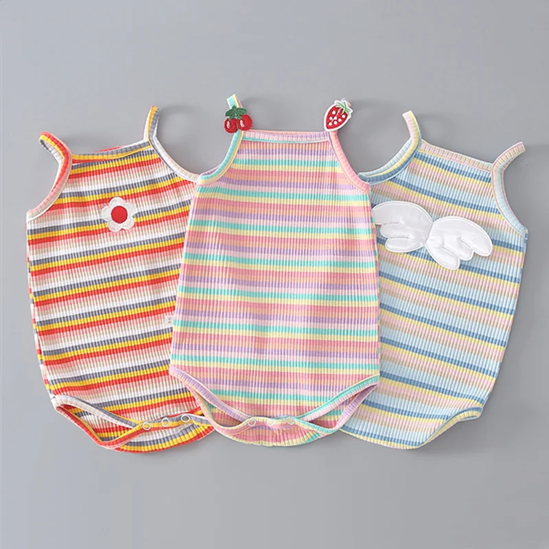 

Baby Girl Jumpsuit Toddler Bodysuit Summer Clothes Sleeveless Baby Clothing Cotton Striped Summer Rainbow Color Infant Clothes