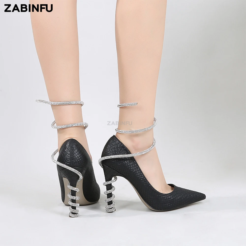 Snake Shape Rhinestone Strappy Heel for Women 2023 New Pointed Toe Black Women High Heels Party Prom Women Pumps